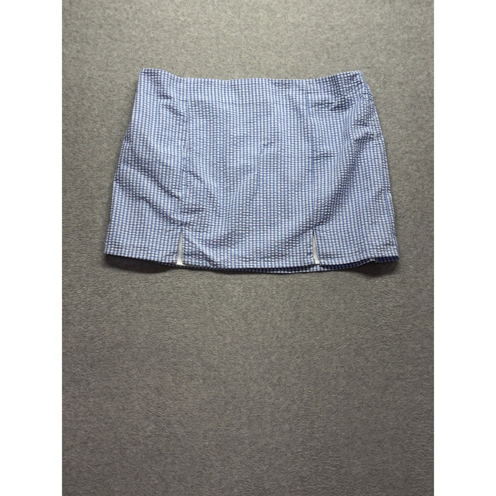 No Boundaries Blue Gingham Seersucker Mini Skirt XXL 20 Front Slits Elastic Back